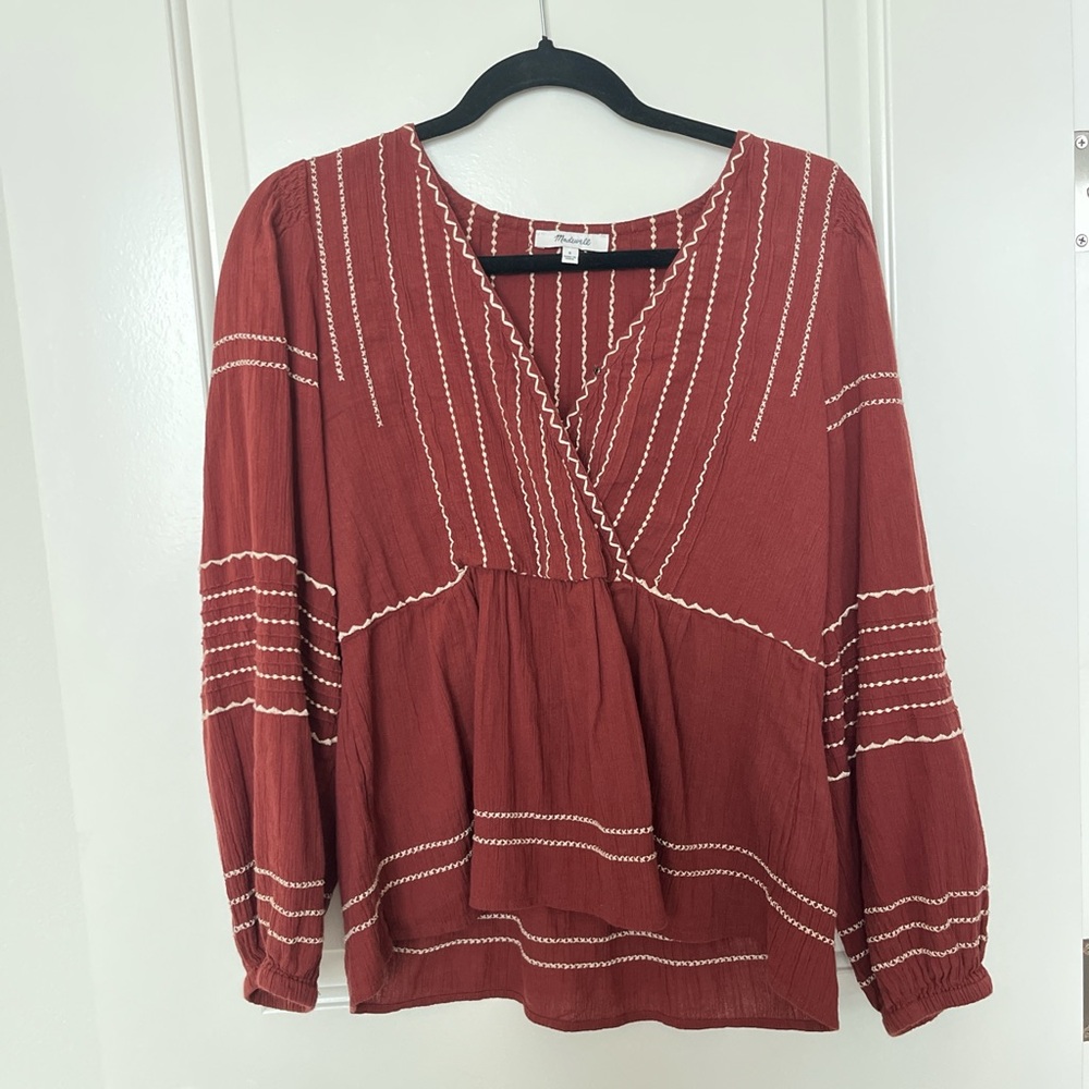 Madewell Rust Blouse with Cream Stitching